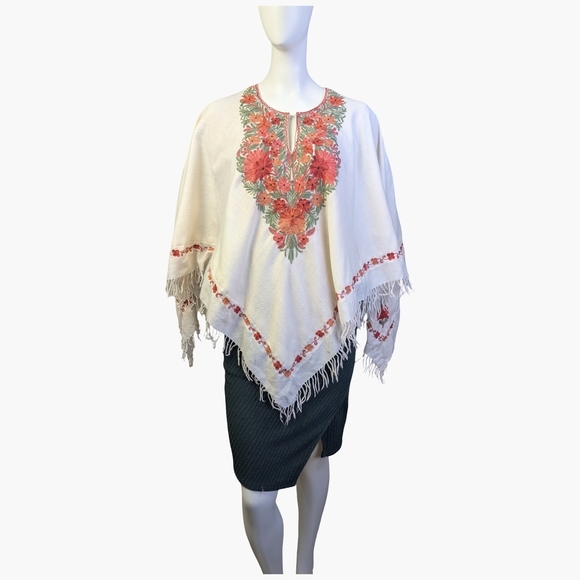 Tops - Floral Embroidered Fringe Poncho | One Size Fits Most